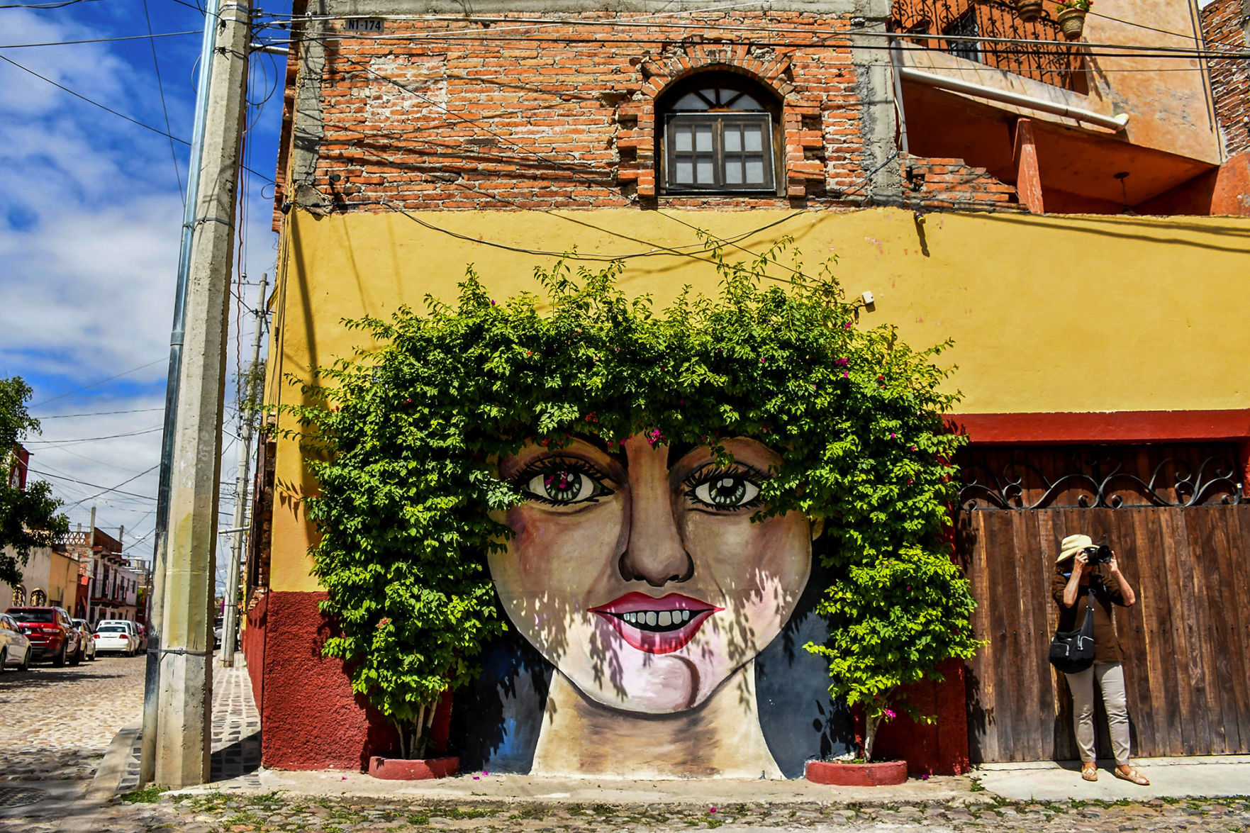 A tour guide was showing us the many murals of the Guadalupe neighborhood, and the face under the foliage made me laugh. When the guide and another guest turned their attention to a mural across the street, I saw this opportunity. I like the implicit question: What could that photographer be shooting that's more interesting than this?